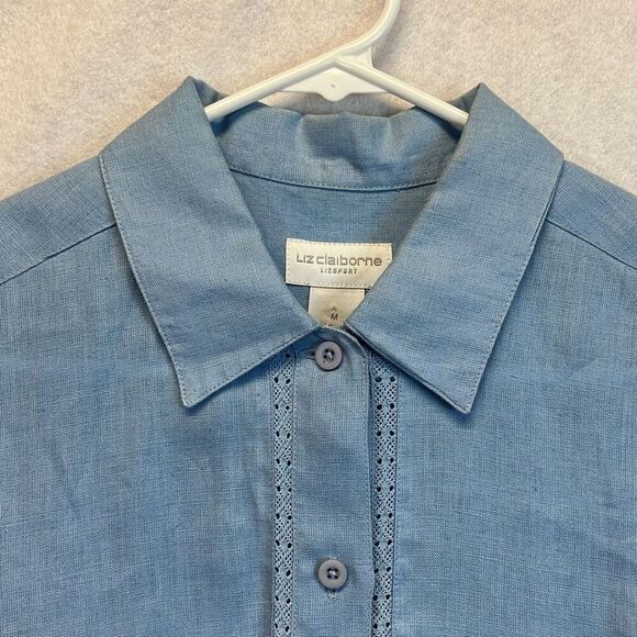 Set of 2 LIZ CLAIBORNE Liz Sport Tops Women's Medium Blue Linen Short Sleeve - Picture 10 of 15